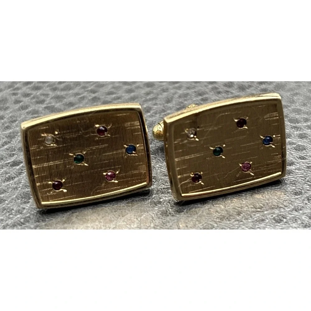 Vintage 12K Gold Filled Cufflinks Multicolor Rhinestone Modernist MCM Design